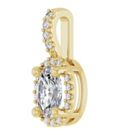 88709 Pendant Set 14K Yellow Oval Lab-Grown Moissanite 6 X 4Mm 0.05 Ctw Natural Diamond I1, G-H Polished Lab-Grown Moissanite And .05 Ctw Natual Diamond 4-Prong Halo-Style Pendant
