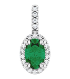 88709 Pendant Set Platinum Oval Lab-Grown Emerald 6 X 4Mm 0.05 Ctw Natural Diamond Si2-Si3, G-H Polished Lab-Grown Emerald And .05 Ctw Natual Diamond 4-Prong Halo-Style Pendant