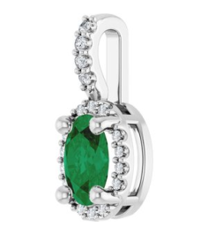 88709 Pendant Set Sterling Silver Oval Lab-Grown Emerald 6 X 4Mm 0.05 Ctw Natural Diamond I1, G-H Polished Lab-Grown Emerald And .05 Ctw Natual Diamond 4-Prong Halo-Style Pendant