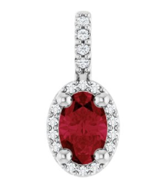88709 Pendant Set Platinum Oval Lab-Grown Ruby 6 X 4Mm 0.05 Ctw Natural Diamond Si2-Si3, G-H Polished Lab-Grown Ruby And .05 Ctw Natual Diamond 4-Prong Halo-Style Pendant
