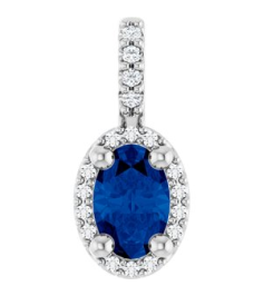 88709 Pendant Set Platinum Oval Lab-Grown Blue Sapphire 6 X 4Mm 0.05 Ctw Natural Diamond Si2-Si3, G-H Polished Lab-Grown Blue Sapphire And .05 Ctw Natual Diamond 4-Prong Halo-Style Pendant