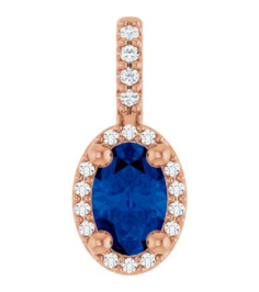 88709 Pendant Set 14K Rose Oval Lab-Grown Blue Sapphire 6 X 4Mm 0.05 Ctw Natural Diamond I1, G-H Polished Lab-Grown Blue Sapphire And .05 Ctw Natual Diamond 4-Prong Halo-Style Pendant