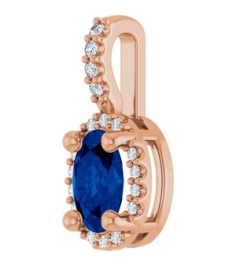 88709 Pendant Set 14K Rose Oval Lab-Grown Blue Sapphire 6 X 4Mm 0.05 Ctw Natural Diamond I1, G-H Polished Lab-Grown Blue Sapphire And .05 Ctw Natual Diamond 4-Prong Halo-Style Pendant