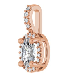 88709 Pendant Set 14K Rose Oval Lab-Grown Moissanite 6 X 4Mm 0.05 Ctw Natural Diamond I1, G-H Polished Lab-Grown Moissanite And .05 Ctw Natual Diamond 4-Prong Halo-Style Pendant