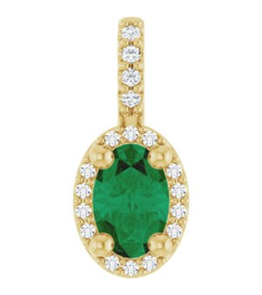 88709 Pendant Set 14K Yellow Oval Lab-Grown Emerald 6 X 4Mm 0.05 Ctw Natural Diamond I1, G-H Polished Lab-Grown Emerald And .05 Ctw Natual Diamond 4-Prong Halo-Style Pendant