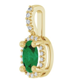 88709 Pendant Set 14K Yellow Oval Lab-Grown Emerald 6 X 4Mm 0.05 Ctw Natural Diamond I1, G-H Polished Lab-Grown Emerald And .05 Ctw Natual Diamond 4-Prong Halo-Style Pendant