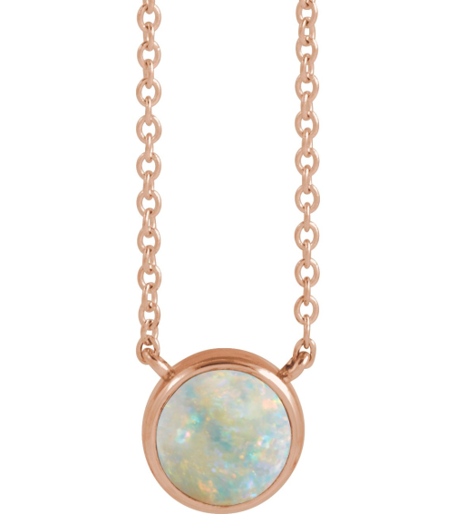 88692 Necklace Set 14K Rose Round Natural White Opal 6Mm 0 Ct 18 In Polished Natural White Opal Cabochon Bezel-Set Necklace