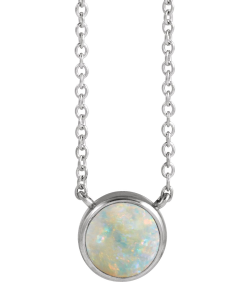 88692 Necklace Set Sterling Silver Round Natural White Opal 6Mm 0 Ct 18 In Polished Natural White Opal Cabochon Bezel-Set Necklace
