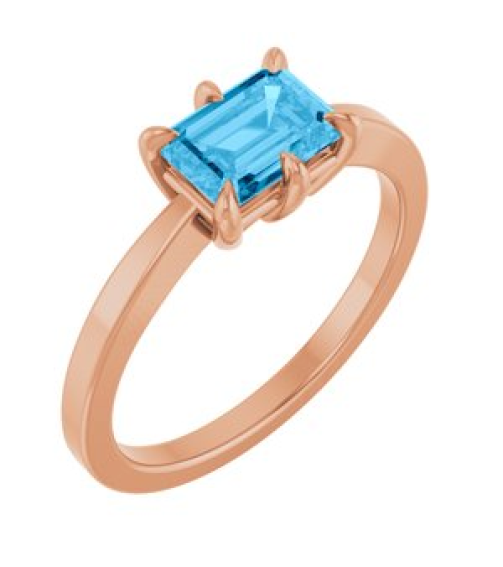 72438 Ring Set 14K Rose Natural Swiss Blue Topaz Emerald 7 X 5 Mm Polished Natural Swiss Blue Topaz 6-Prong Solitaire Ring