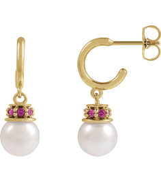 88716 Earring Set Cultured Freshwater Pearl Pearl 7-7.5 Mm 14K Yellow Natural Pink Tourmaline Pair Friction Backs Included Polished Cultured Pearl And Natural Pink Tourmaline Earrings