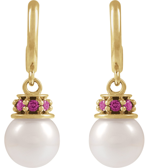 88716 Earring Set Cultured Freshwater Pearl Pearl 7-7.5 Mm 14K Yellow Natural Pink Tourmaline Pair Friction Backs Included Polished Cultured Pearl And Natural Pink Tourmaline Earrings
