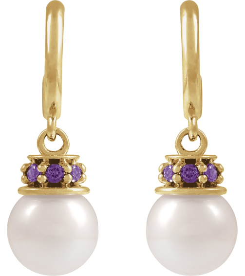 88716 Earring Set Cultured Freshwater Pearl Pearl 7-7.5 Mm 14K Yellow Lab-Grown Purple Sapphire Pair Friction Backs Included Polished Cultured Pearl And Lab-Grown Purple Sapphire Earrings