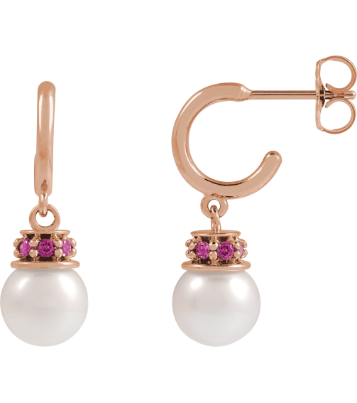 88716 Earring Set Cultured Freshwater Pearl Pearl 7-7.5 Mm 14K Rose Natural Pink Tourmaline Pair Friction Backs Included Polished Cultured Pearl And Natural Pink Tourmaline Earrings
