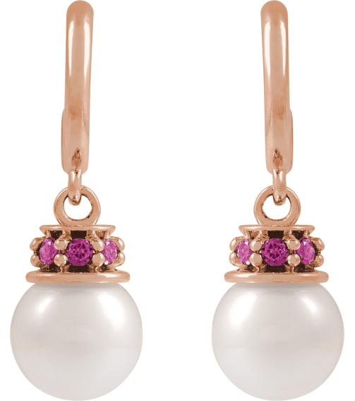 88716 Earring Set Cultured Freshwater Pearl Pearl 7-7.5 Mm 14K Rose Natural Pink Tourmaline Pair Friction Backs Included Polished Cultured Pearl And Natural Pink Tourmaline Earrings