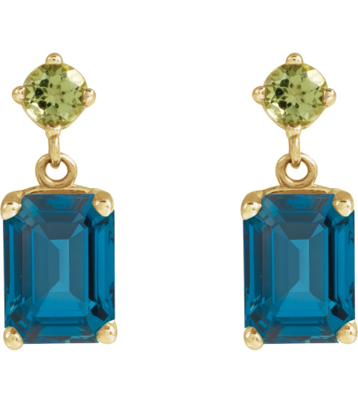 88678 Earring Set Natural London Blue Topaz Emerald 7 X 5 Mm 14K Yellow Natural Peridot Pair Friction Backs Included Polished Natural London Blue Topaz And Natural Peridot Dangle Earrings