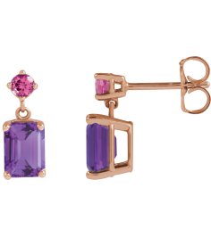 88678 Earring Set Natural Amethyst Emerald 7 X 5 Mm 14K Rose Natural Pink Tourmaline Pair Friction Backs Included Polished Natural Amethyst And Natural Pink Tourmaline Dangle Earrings