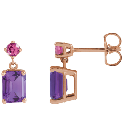 88678 Earring Set Natural Amethyst Emerald 7 X 5 Mm 14K Rose Natural Pink Tourmaline Pair Friction Backs Included Polished Natural Amethyst And Natural Pink Tourmaline Dangle Earrings