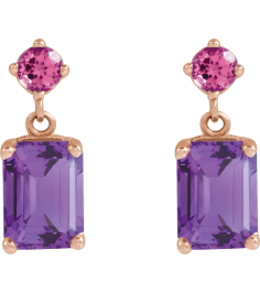 88678 Earring Set Natural Amethyst Emerald 7 X 5 Mm 14K Rose Natural Pink Tourmaline Pair Friction Backs Included Polished Natural Amethyst And Natural Pink Tourmaline Dangle Earrings