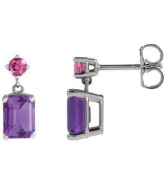 88678 Earring Set Natural Amethyst Emerald 7 X 5 Mm 14K White Natural Pink Tourmaline Pair Friction Backs Included Polished Natural Amethyst And Natural Pink Tourmaline Dangle Earrings