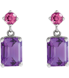 88678 Earring Set Natural Amethyst Emerald 7 X 5 Mm Platinum Natural Pink Tourmaline Pair Friction Backs Included Polished Natural Amethyst And Natural Pink Tourmaline Dangle Earrings