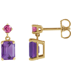 88678 Earring Set Natural Amethyst Emerald 7 X 5 Mm 14K Yellow Natural Pink Tourmaline Pair Friction Backs Included Polished Natural Amethyst And Natural Pink Tourmaline Dangle Earrings