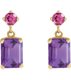 88678 Earring Set Natural Amethyst Emerald 7 X 5 Mm 14K Yellow Natural Pink Tourmaline Pair Friction Backs Included Polished Natural Amethyst And Natural Pink Tourmaline Dangle Earrings