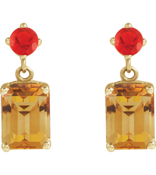 88678 Earring Set Natural Citrine Emerald 7 X 5 Mm 14K Yellow Natural Mexican Fire Opal Pair Friction Backs Included Polished Natural Citrine And Natural Mexican Fire Opal Dangle Earrings