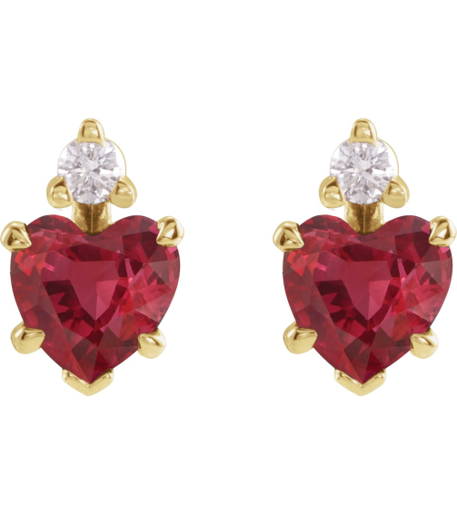88617 Earring Set Lab-Grown Ruby Heart 4 X 4 Mm 14K Yellow Natural Diamond Pair Friction Backs Included Polished Lab Grown Ruby And .06 Ctw Natural Diamond 5-Claw Prong Earrings