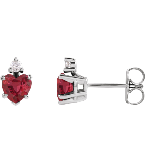 88617 Earring Set Lab-Grown Ruby Heart 4 X 4 Mm 14K White Natural Diamond Pair Friction Backs Included Polished Lab Grown Ruby And .06 Ctw Natural Diamond 5-Claw Prong Earrings
