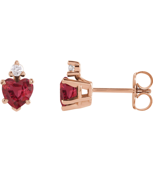 88617 Earring Set Lab-Grown Ruby Heart 4 X 4 Mm 14K Rose Natural Diamond Pair Friction Backs Included Polished Lab Grown Ruby And .06 Ctw Natural Diamond 5-Claw Prong Earrings