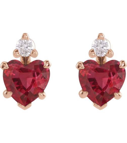 88617 Earring Set Lab-Grown Ruby Heart 4 X 4 Mm 14K Rose Natural Diamond Pair Friction Backs Included Polished Lab Grown Ruby And .06 Ctw Natural Diamond 5-Claw Prong Earrings