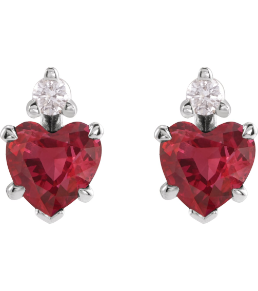 88617 Earring Set Lab-Grown Ruby Heart 4 X 4 Mm Sterling Silver Natural Diamond Pair Friction Backs Included Polished Lab Grown Ruby And .06 Ctw Natural Diamond 5-Claw Prong Earrings