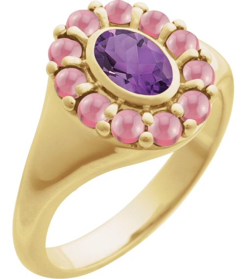 72423 Ring Set 14K Yellow Natural Amethyst Oval 7 X 5 Mm Natural Rhodolite Garnet Polished Natural Amethyst And Cabochon Natural Rhodolite Garnet Halo-Style Ring