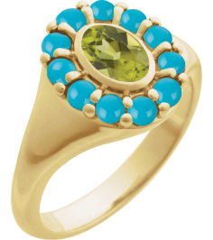 72423 Ring Set 14K Yellow Natural Peridot Oval 7 X 5 Mm Natural Turquoise Polished Natural Peridot And Cabochon Natural Turquoise Halo-Style Ring