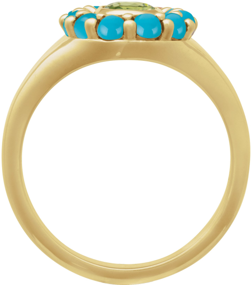 72423 Ring Set 14K Yellow Natural Peridot Oval 7 X 5 Mm Natural Turquoise Polished Natural Peridot And Cabochon Natural Turquoise Halo-Style Ring