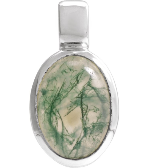 23487 Pendant Set 14K White Oval Natural Moss Agate 7 X 5 Mm Polished Natural Moss Agate Cabochon Bezel Pendant