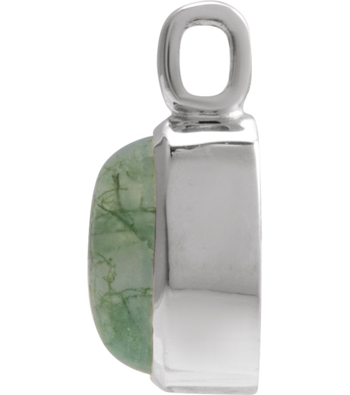 23487 Pendant Set 14K White Oval Natural Moss Agate 7 X 5 Mm Polished Natural Moss Agate Cabochon Bezel Pendant