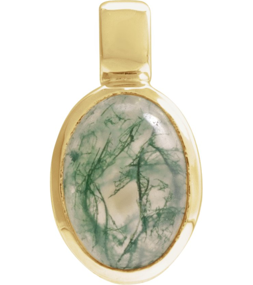 23487 Pendant Set 14K Yellow Oval Natural Moss Agate 7 X 5 Mm Polished Natural Moss Agate Cabochon Bezel Pendant