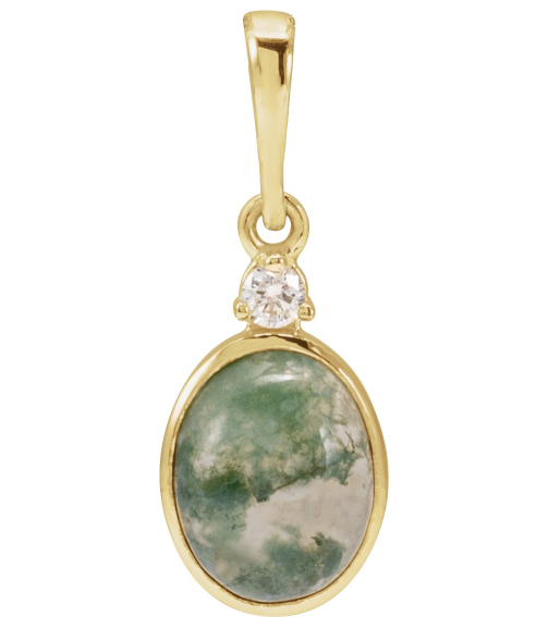 87438 Pendant Set 14K Yellow Oval Natural Moss Agate 8 X 6Mm 0.03 Ct Natural Diamond I1, G-H Polished Natural Moss Agate And .03 Ct Natural Diamond Bezel-Set Cabochon Pendant