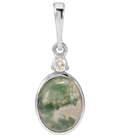87438 Pendant Set 14K White Oval Natural Moss Agate 8 X 6Mm 0.03 Ct Natural Diamond I1, G-H Polished Natural Moss Agate And .03 Ct Natural Diamond Bezel-Set Cabochon Pendant