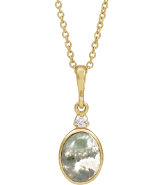 87438 Necklace Set 14K Yellow Oval Natural Moss Agate 8 X 6Mm 0.03 Ct Natural Diamond I1, G-H 16-18 In Polished Natural Moss Agate And .03 Ct Natural Diamond Bezel-Set Necklace