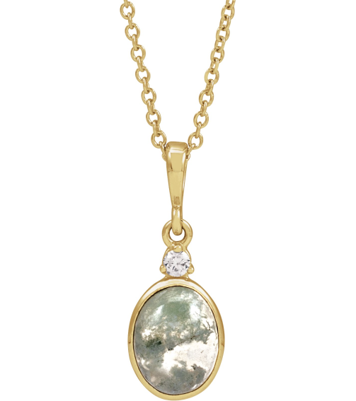 87438 Necklace Set 14K Yellow Oval Natural Moss Agate 8 X 6Mm 0.03 Ct Natural Diamond I1, G-H 16-18 In Polished Natural Moss Agate And .03 Ct Natural Diamond Bezel-Set Necklace