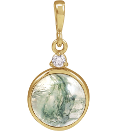 87438 Pendant Set 14K Yellow Round Natural Moss Agate 8Mm 0.03 Ct Natural Diamond I1, G-H Polished Natural Moss Agate And .03 Ct Natural Diamond Bezel-Set Cabochon Pendant