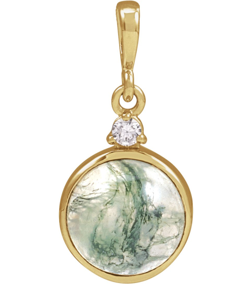 87438 Pendant Set 14K Yellow Round Natural Moss Agate 8Mm 0.03 Ct Natural Diamond I1, G-H Polished Natural Moss Agate And .03 Ct Natural Diamond Bezel-Set Cabochon Pendant