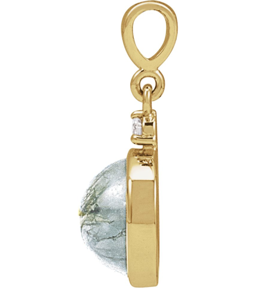 87438 Pendant Set 14K Yellow Round Natural Moss Agate 8Mm 0.03 Ct Natural Diamond I1, G-H Polished Natural Moss Agate And .03 Ct Natural Diamond Bezel-Set Cabochon Pendant