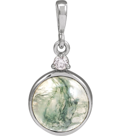87438 Pendant Set 14K White Round Natural Moss Agate 8Mm 0.03 Ct Natural Diamond I1, G-H Polished Natural Moss Agate And .03 Ct Natural Diamond Bezel-Set Cabochon Pendant