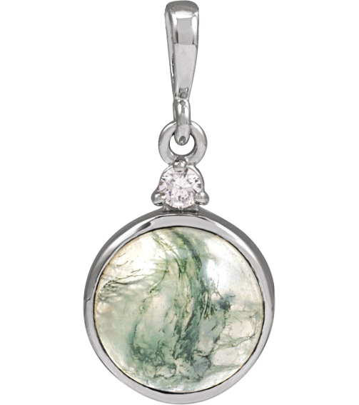 87438 Pendant Set 14K White Round Natural Moss Agate 8Mm 0.03 Ct Natural Diamond I1, G-H Polished Natural Moss Agate And .03 Ct Natural Diamond Bezel-Set Cabochon Pendant