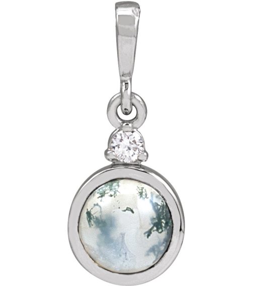 87438 Pendant Set 14K White Round Natural Moss Agate 6Mm 0.03 Ct Natural Diamond I1, G-H Polished Natural Moss Agate And .03 Ct Natural Diamond Bezel-Set Cabochon Pendant