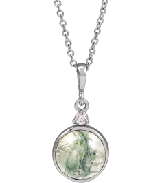 87438 Necklace Set Sterling Silver Round Natural Moss Agate 8Mm 0.03 Ct Natural Diamond I1, G-H 16-18 In Polished Natural Moss Agate And .03 Ct Natural Diamond Bezel-Set Necklace