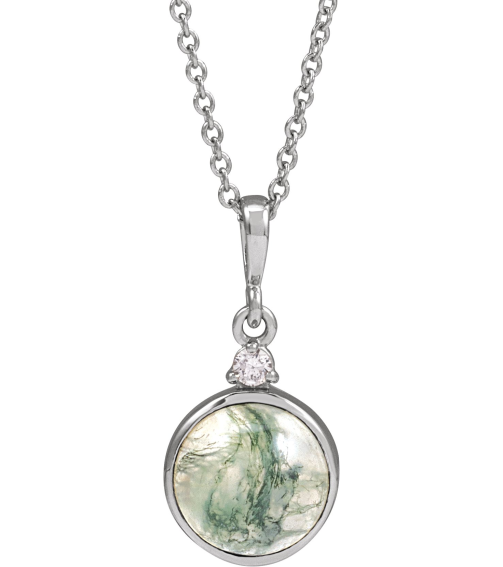 87438 Necklace Set Sterling Silver Round Natural Moss Agate 8Mm 0.03 Ct Natural Diamond I1, G-H 16-18 In Polished Natural Moss Agate And .03 Ct Natural Diamond Bezel-Set Necklace